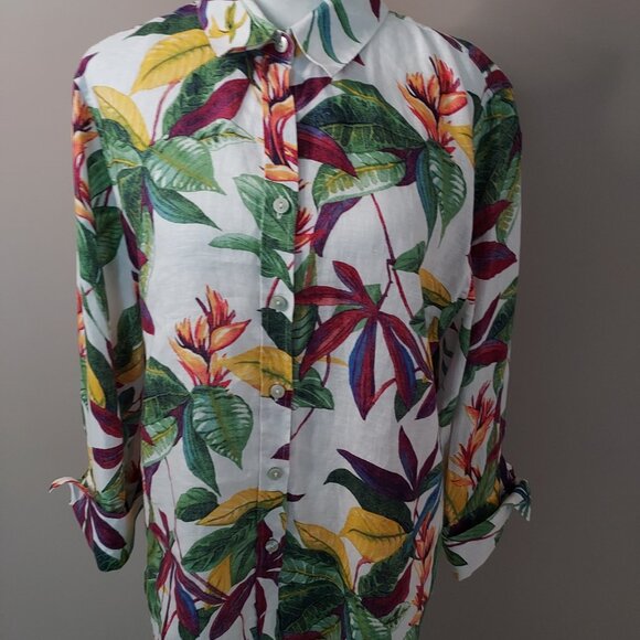 Chico's Linen Tropical Floral Print 3/4 Sleeve Blouse Size 12 - Picture 5 of 10